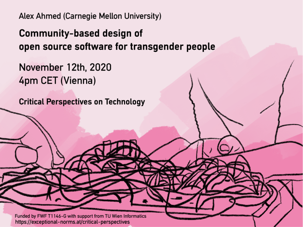 Sketch of two people handling a number of cables largely focused on hands with pink background paint indicating all information for the talk. 